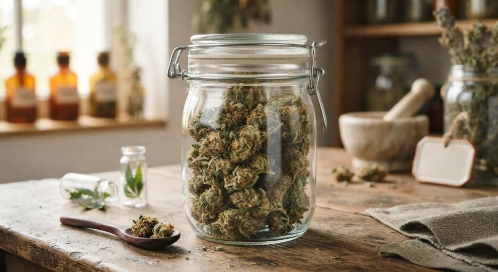 Fleur de CBD sans THC : effets ressentis, légalité et précautions 2 Fleurs de CBD séchées sans THC conservées dans un bocal en verre hermétique.