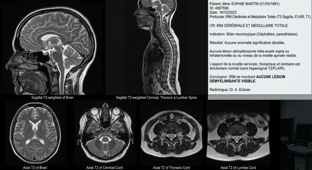 SEP et IRM normale : le diagnostic reste-t-il possible ? 2 Coupe d'IRM cérébrale et médullaire ne montrant aucune lésion démyélinisante visible.