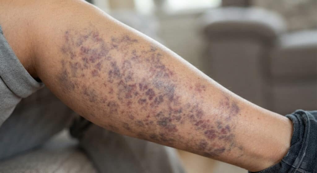 Marbrures sur la peau : causes bénignes, signes de choc et consultation 2 Tranches de marbrures violacées formant un réseau en mailles de filet sur la peau des jambes.