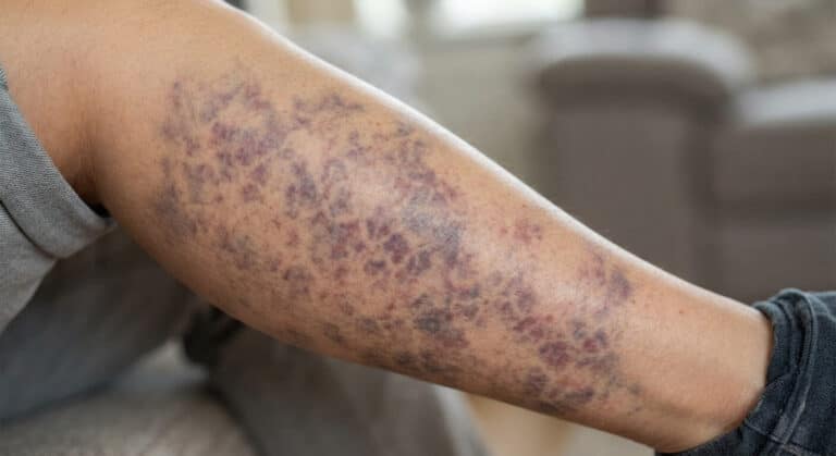 Tranches de marbrures violacées formant un réseau en mailles de filet sur la peau des jambes.