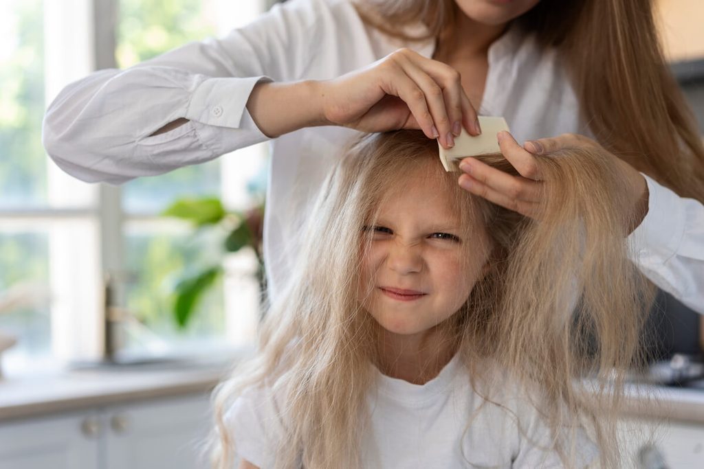 Utilisation d'un peigne fin en acier sur cheveux humides pour décrocher les lentes.
