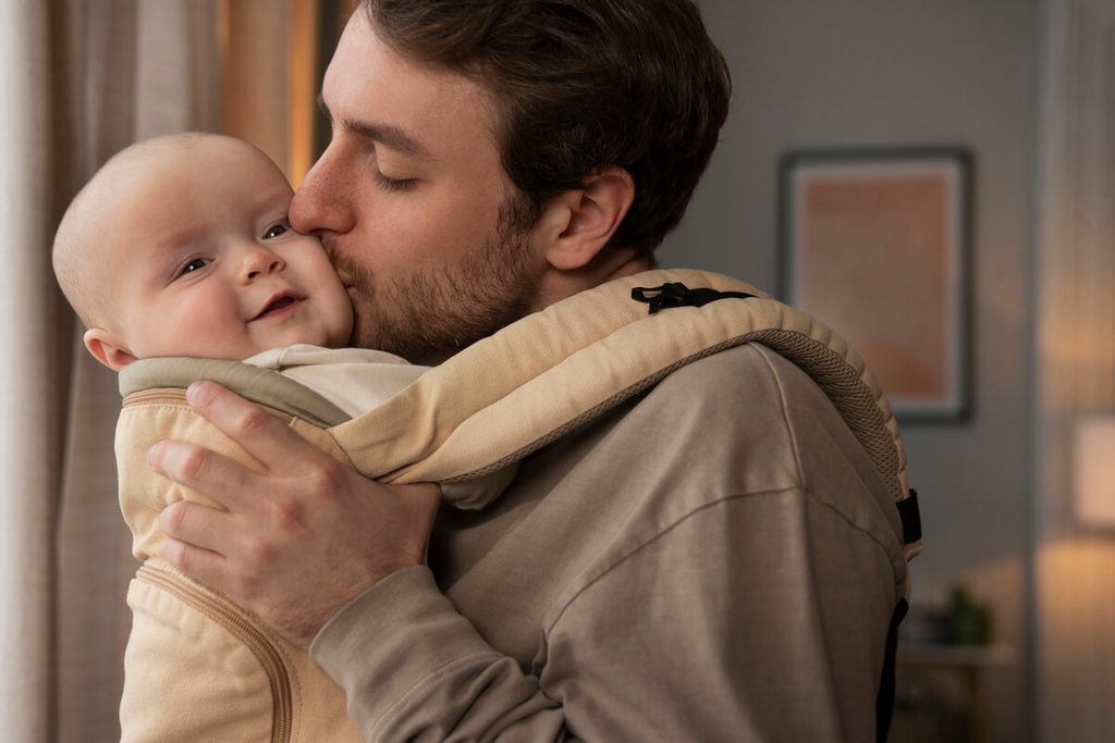 Bébé apaisé en écharpe de portage contre le torse de son père pour calmer les pleurs du soir.