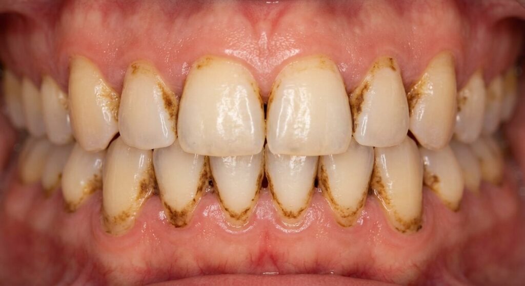 Chlorhexidine qui tache les dents : pourquoi ces taches brunes et comment les enlever ? 2 Colorations brunes sur les collets et les espaces interdentaires après utilisation prolongée de chlorhexidine.