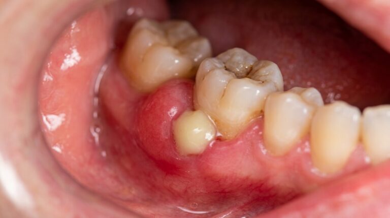 Gencive enflée présentant une poche de pus blanchâtre près d'une molaire douloureuse.