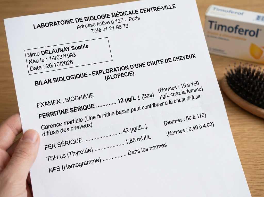 Bilan sanguin de laboratoire médical indiquant le taux de ferritine sérique pour les cheveux.