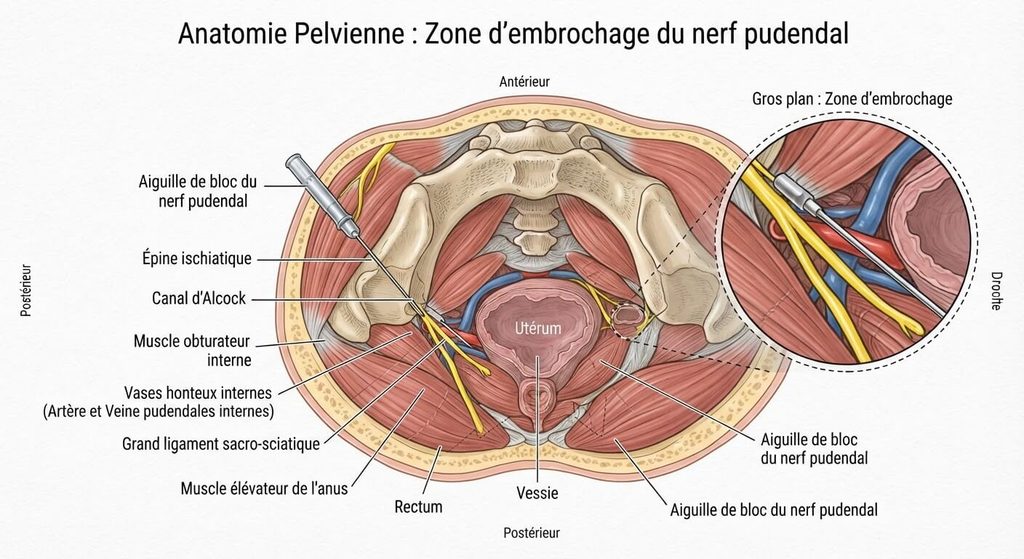 Cryoneurolyse du nerf pudendal : avis, efficacité réelle et retours d'expérience 3 Schéma médical de l'anatomie pelvienne montrant la zone d'embrochage du nerf pudendal.