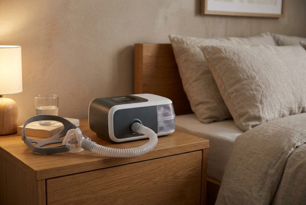 Appareil CPAP moderne et compact posé sur une table de chevet dans une chambre à coucher.