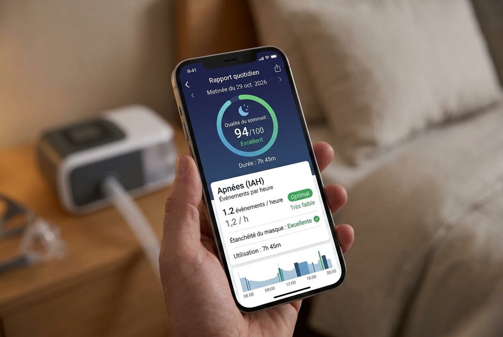 Écran de smartphone affichant le rapport quotidien d'apnées résiduelles et la qualité du sommeil transmise par la CPAP.
