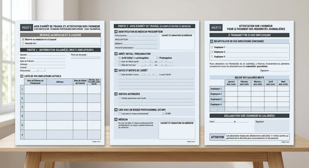 Formulaire d'avis d'arrêt de travail et attestation sur l'honneur pour plusieurs particuliers employeurs.