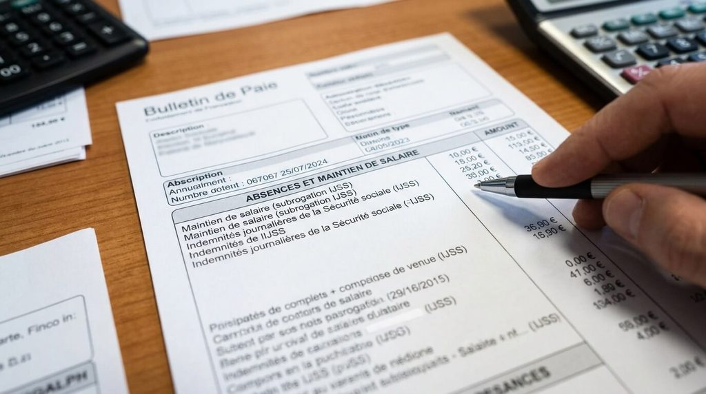 Détail d'une fiche de paie montrant le maintien de salaire et les indemnités journalières de la Sécurité sociale.