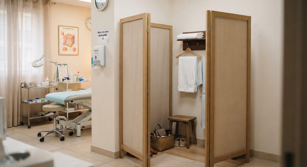 Cabine de déshabillage avec paravent et serviette dans un cabinet médical de dermatologie.