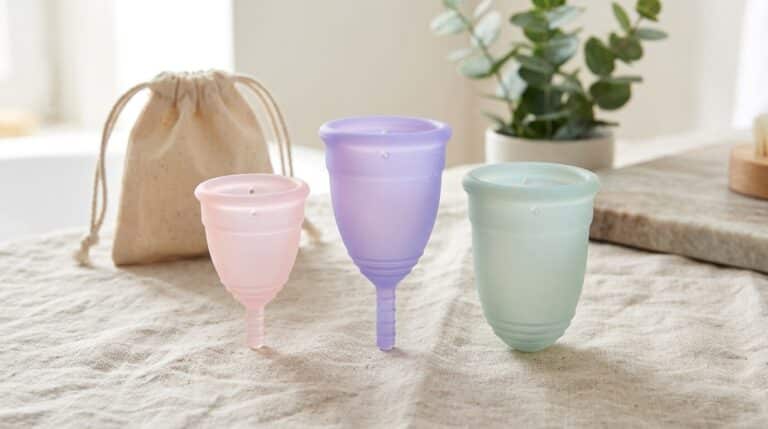 Trois cups menstruelles réutilisables : une petite taille, une grande taille et une cup sans tige