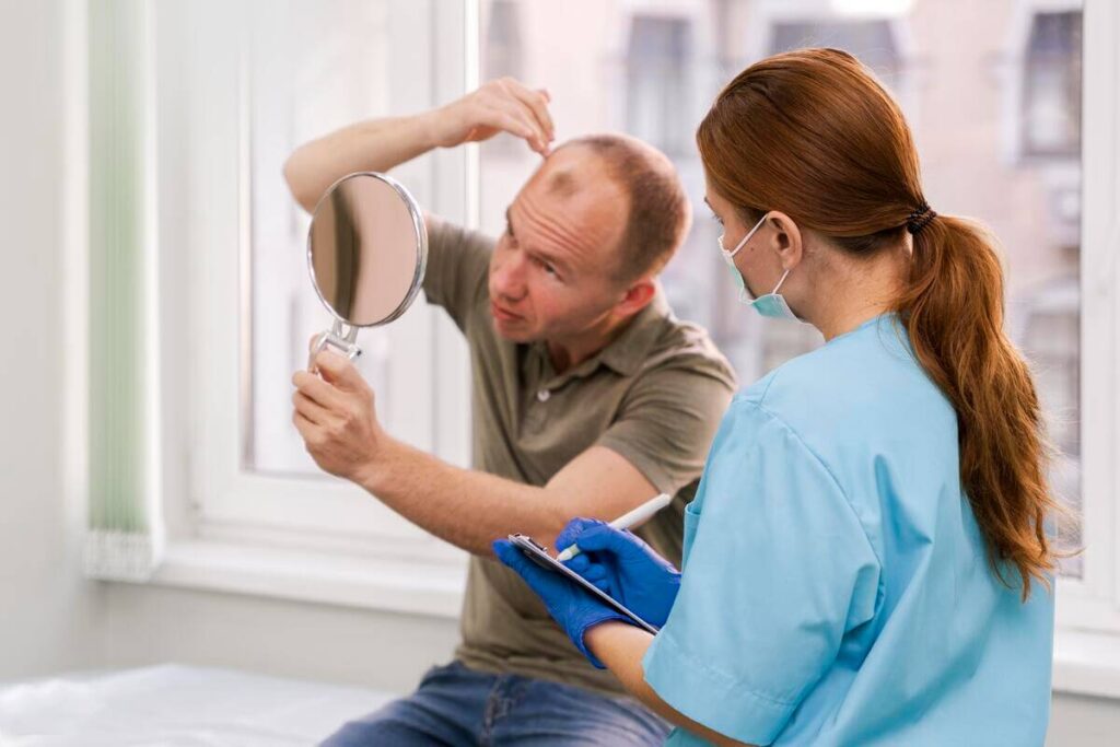 Chute de cheveux : traitement médical ou greffe, comment savoir ce qui vous convient ? 2 Spécialiste examinant le cuir chevelu d'un patient à l'aide d'un dermatoscope pour évaluer la densité capillaire.