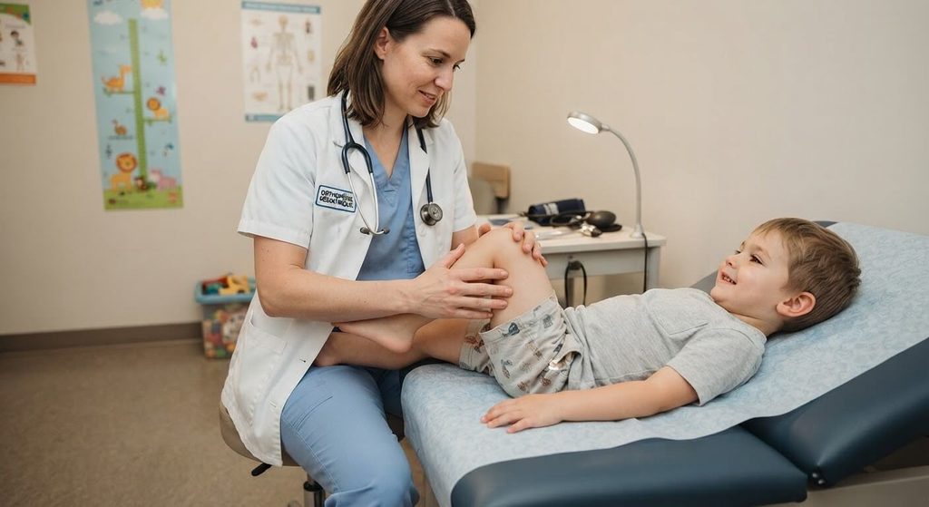 Ostéochondrite primitive de hanche : symptômes et évolution 3 Chirurgien orthopédiste pédiatrique examinant la mobilité de hanche d'un jeune enfant.
