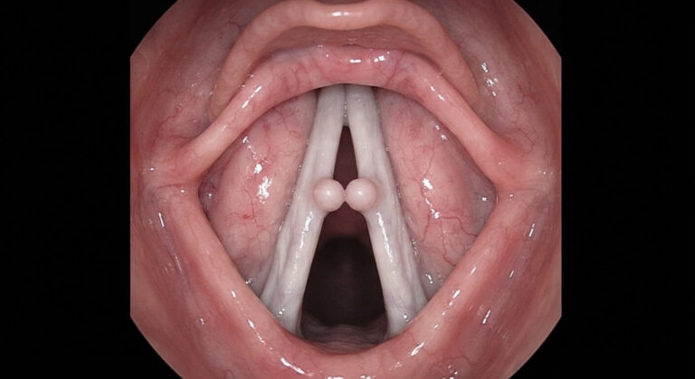 Accueil 1 Vue médicale de cordes vocales montrant deux petits nodules symétriques face à face.