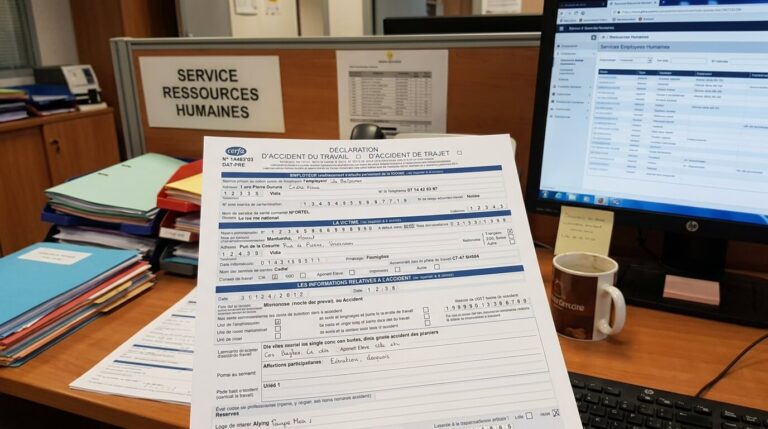 Formulaire Cerfa de déclaration d'accident du travail complété sur le bureau des ressources humaines.