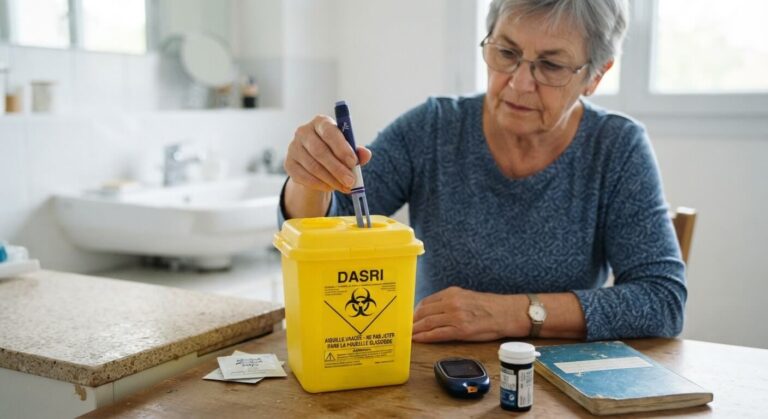 Accueil 3 Patient diabétique introduisant une aiguille usagée dans l'orifice d'une boîte à aiguilles jaune DASTRI.