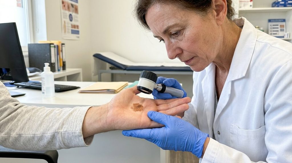 Médecin dermatologue examinant une lésion pigmentée sur la main avec un dermatoscope.