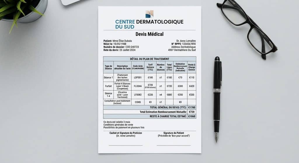 Devis médical pour des séances de laser dermatologique avec codes d'actes et forfaits mutuelle.