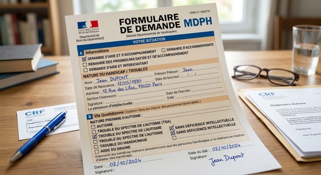 Formulaire de demande MDPH pour trouble du spectre de l'autisme sans déficience intellectuelle.