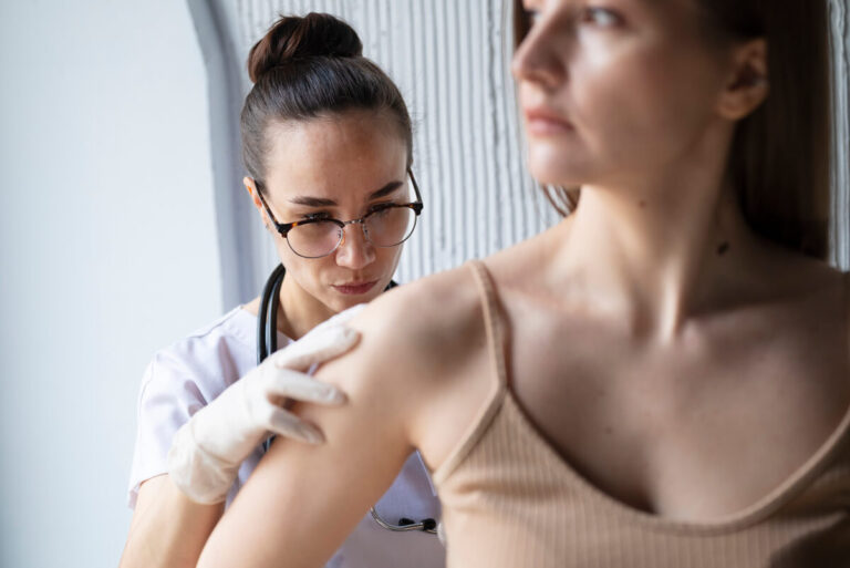 Accueil 2 Dermatologue examinant de près un grain de beauté suspect sur le bras d'un patient avec un dermatoscope.