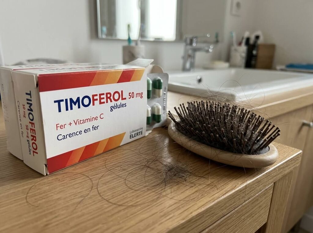 Boîte de gélules de Timoferol et brosse à cheveux montrant une perte capillaire diffuse.