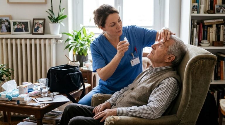 Infirmière libérale appliquant un collyre ophtalmique dans l'œil d'un patient âgé à domicile.
