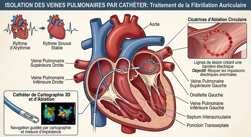Échec de l'ablation de fibrillation auriculaire : causes et suite 4 Schéma médical d'isolation des veines pulmonaires par cathéter pour traiter l'arythmie cardiaque.
