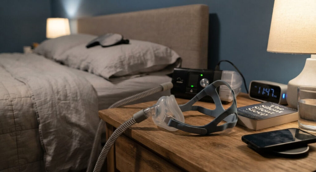 Je ne supporte pas la PPC : témoignages, causes de rejet du masque et solutions 2 Masque nasal pour machine à pression positive continue posé sur une table de nuit.