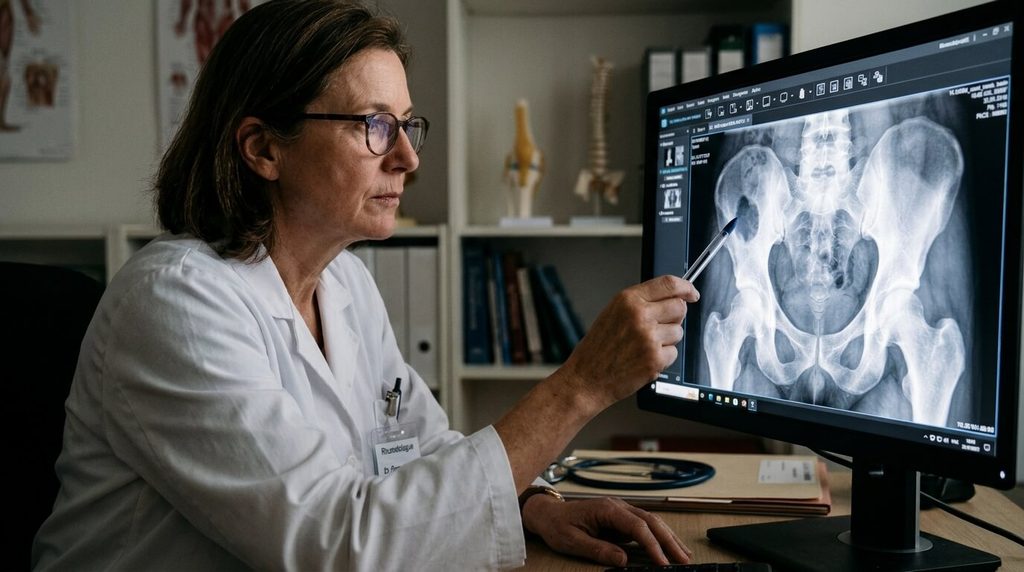 Médecin rhumatologue observant une anomalie de densité sur une radiographie osseuse du bassin.