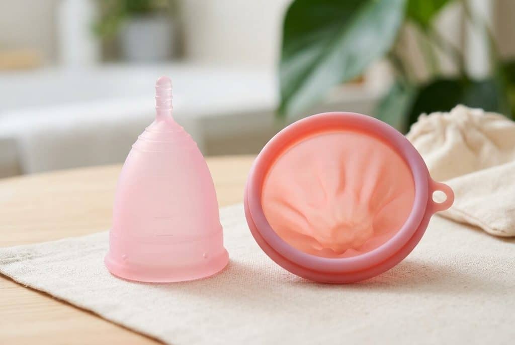 Meilleure cup menstruelle : les 8 modèles préférés des femmes en 2027 3 Une cup menstruelle et un disque menstruel posés côte à côte