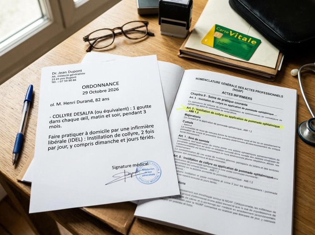 Ordonnance médicale de gouttes oculaires et nomenclature générale des actes professionnels NGAP.