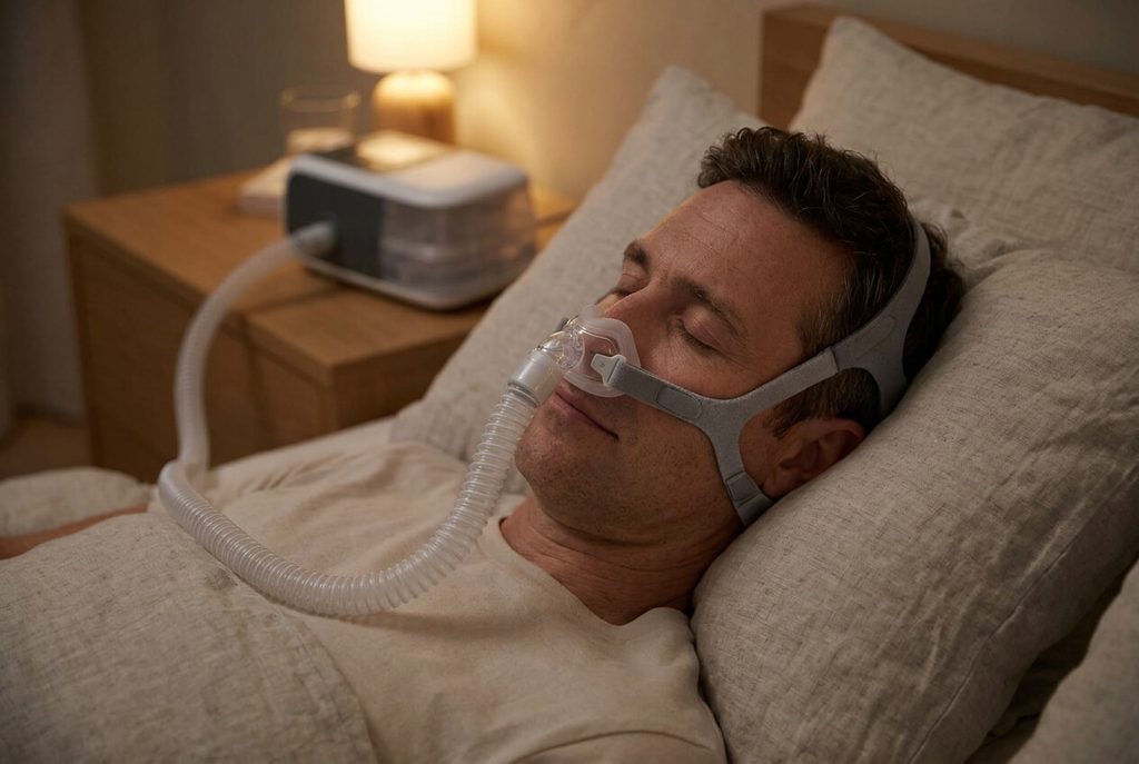 Homme dormant confortablement sur le côté avec un masque CPAP nasal discret sans fuite d'air.