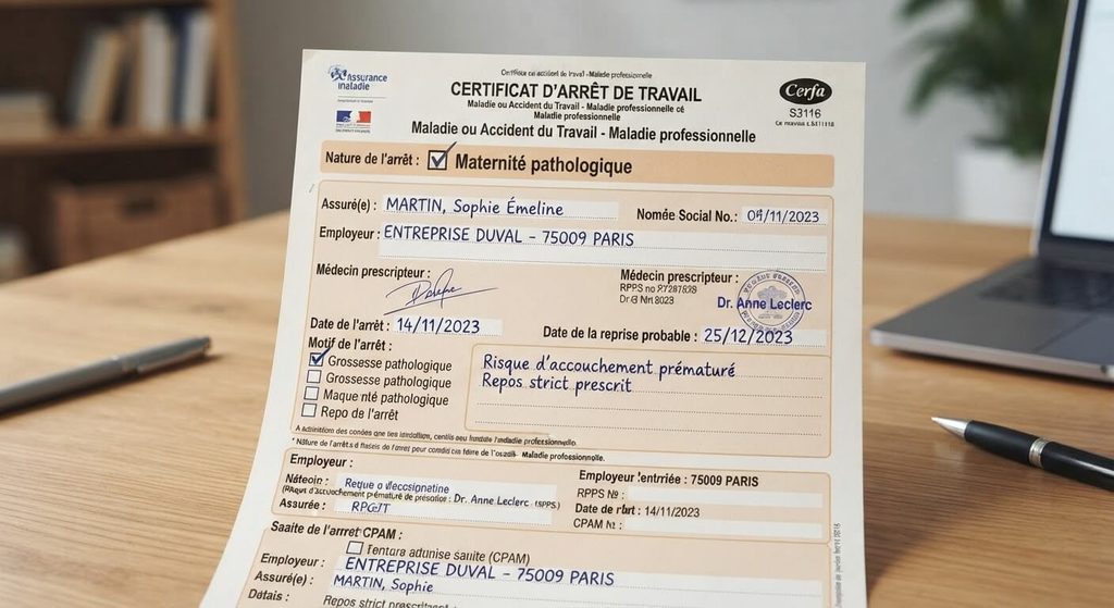 Formulaire Cerfa d'arrêt de travail médical prescrit pour grossesse pathologique.