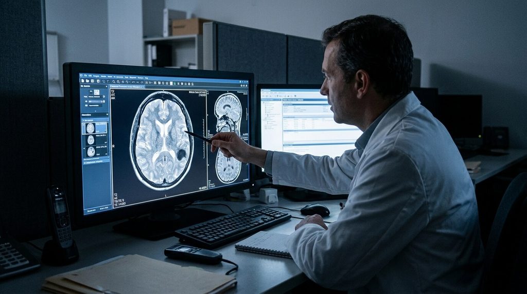 Hyposignal T2 en IRM : définition médicale, causes et signification 3 Médecin radiologue examinant une anomalie de signal tissulaire sur un négatoscope numérique.