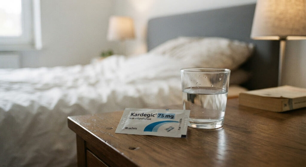 J'ai oublié de prendre mon Kardegic 75 : que faire immédiatement ? 2 Sachet de Kardegic 75 mg posé à côté d'un verre d'eau sur une table de chevet.