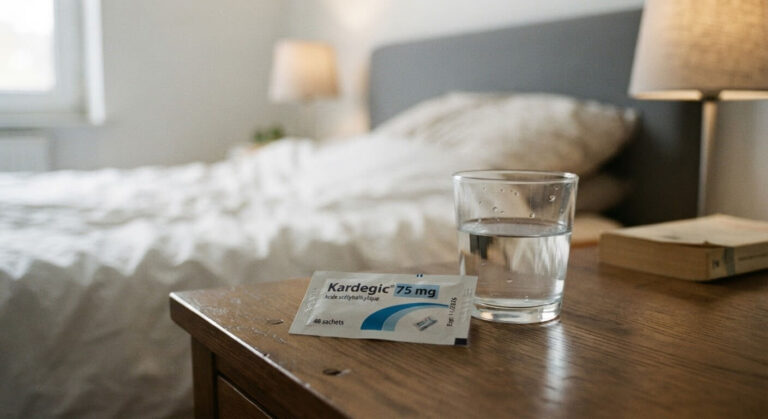 Sachet de Kardegic 75 mg posé à côté d'un verre d'eau sur une table de chevet.
