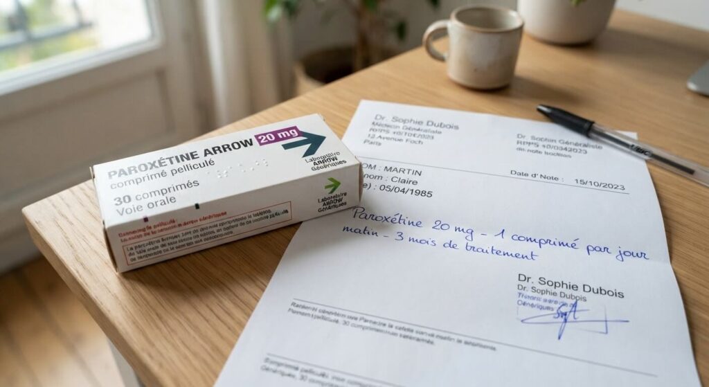 Paroxétine : avis, effets secondaires et sevrage 2 Boîte de comprimés de paroxétine posée à côté d'une ordonnance médicale.