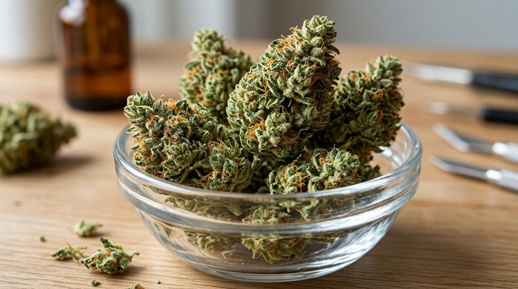 Têtes denses de fleurs de CBD bien manucurées riches en trichomes posées dans une coupelle en verre.