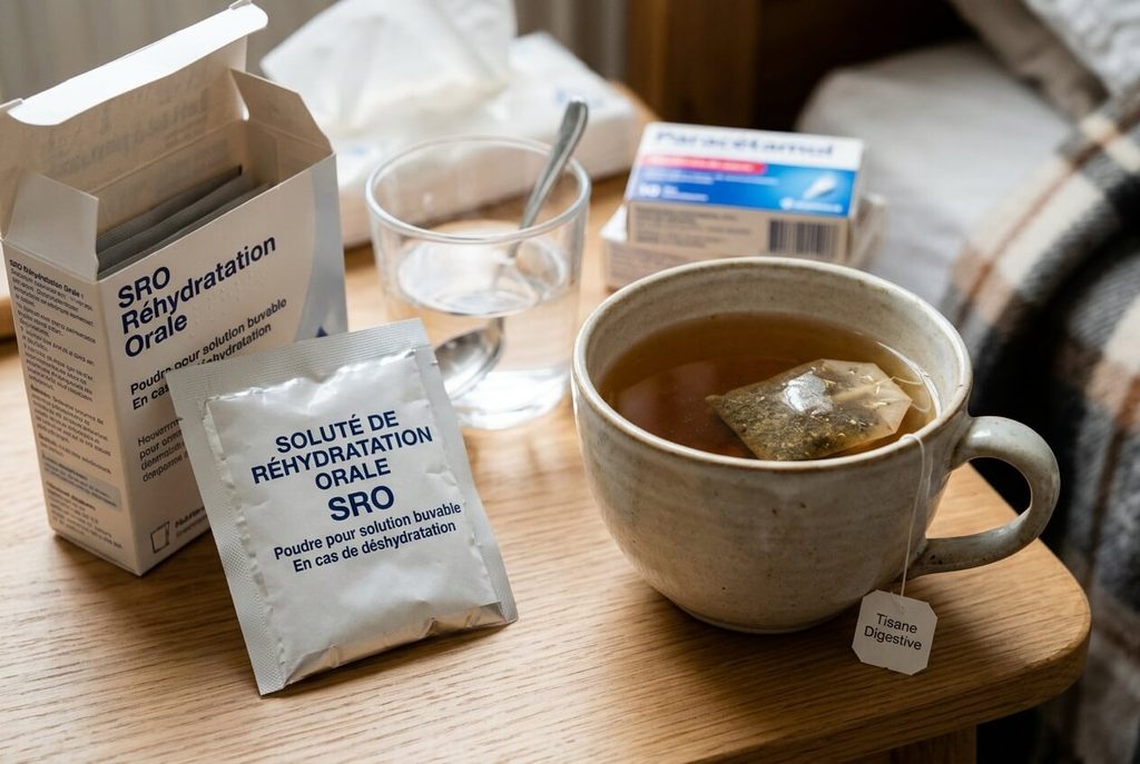 Tasse de tisane tiède digestive et sachet de soluté de réhydratation pour soigner une gastro.