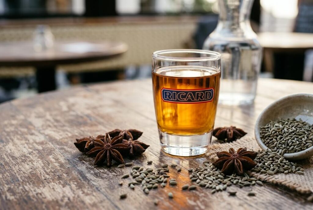 Verre de pastis Ricard pur ambré posé à côté d'étoiles de badiane et de graines d'anis.